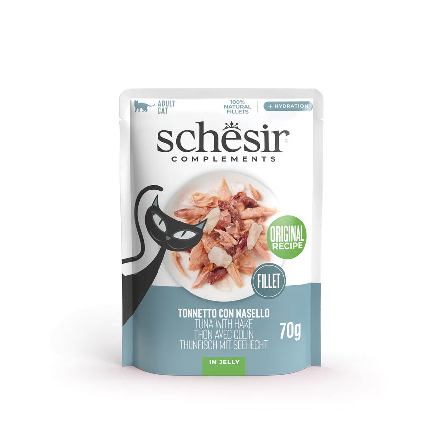 Alimento umido Schesir Tonnetto con Nasello in Gelatina 70 g in busta per gatti adulti Alimento umido Schesir Tonnetto con Nasello in Gelatina 70 g in busta per gatti adulti